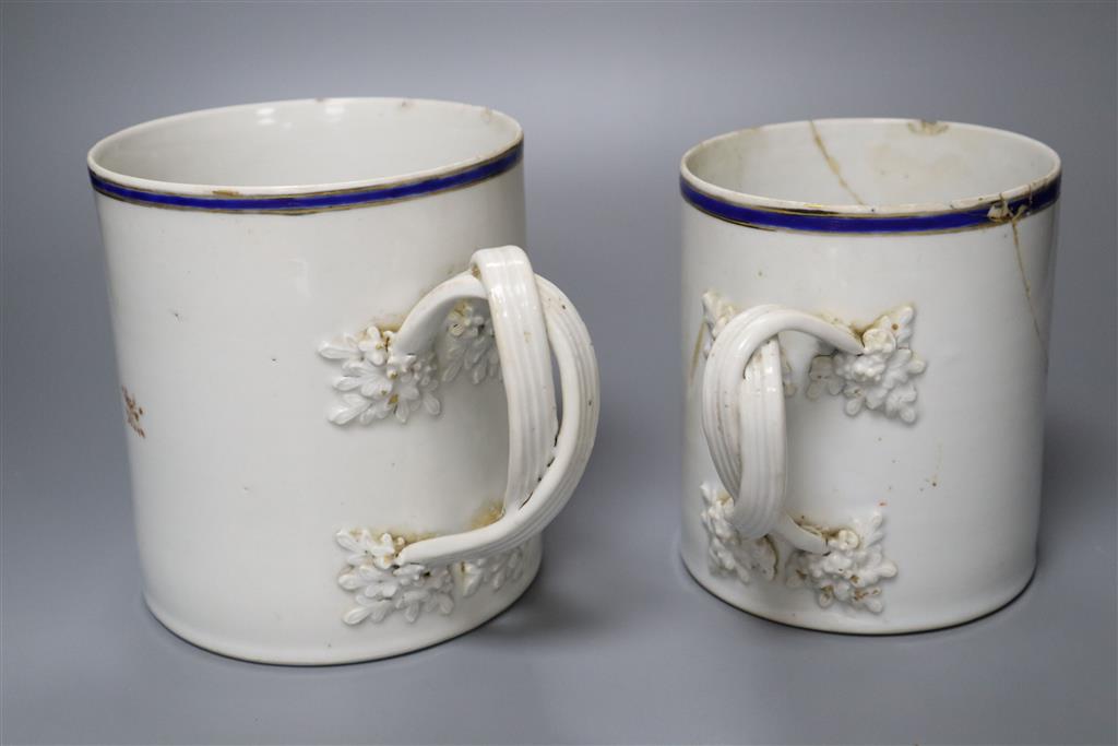 Two late 18th century Chinese export mugs, tallest 14cm (a.f.)